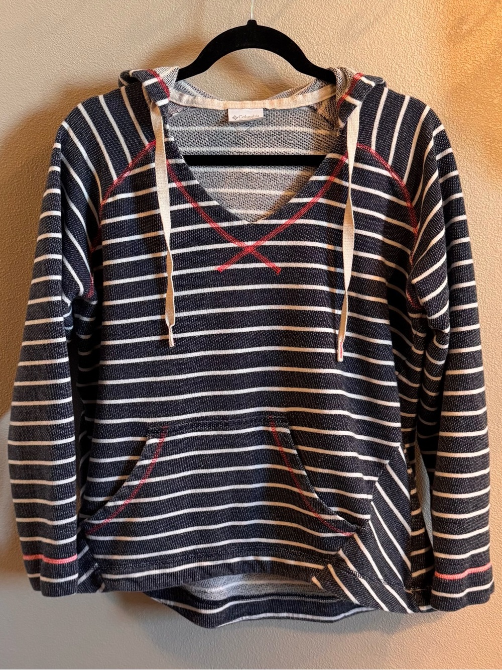 Columbia Navy Cream Striped Hooded Pullover with Red Accents